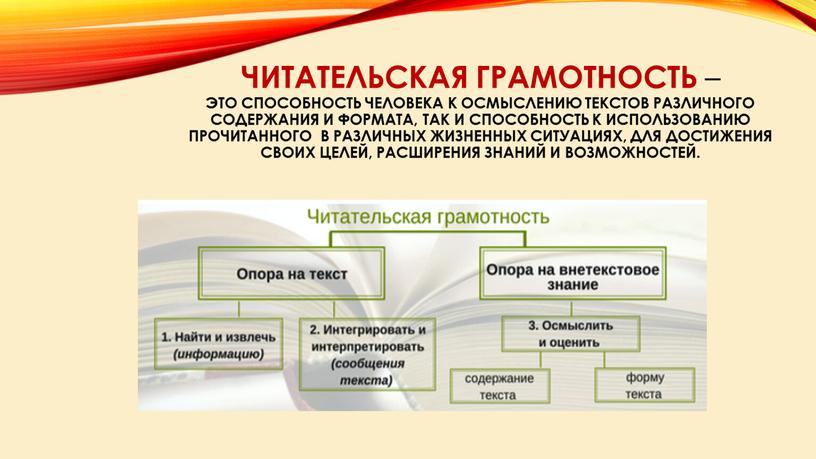 Читательская грамотность – это способность человека к осмыслению текстов различного содержания и формата, так и способность к использованию прочитанного в различных жизненных ситуациях, для достижения…