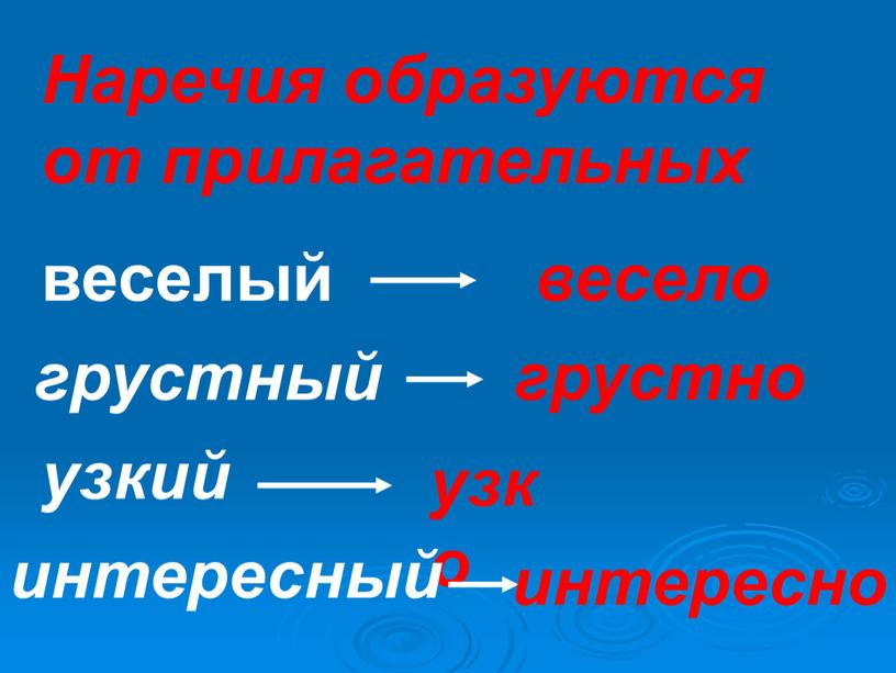 Наречия образуются от прилагательных веселый весело грустный грустно узкий узко интересный интересно