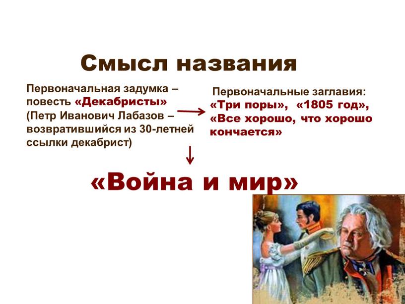 Первоначальные заглавия: «Три поры», «1805 год», «Все хорошо, что хорошо кончается»