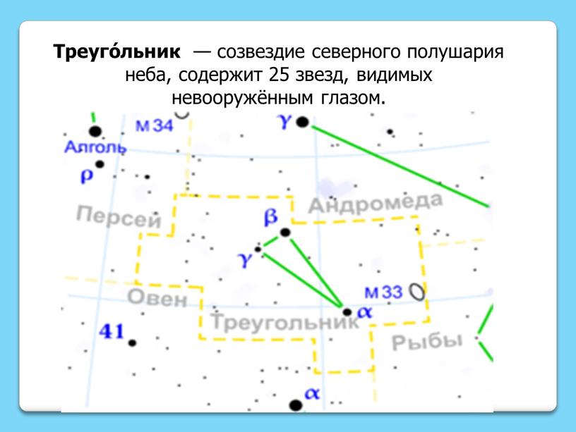 Треуго́льник — созвездие северного полушария неба, содержит 25 звезд, видимых невооружённым глазом