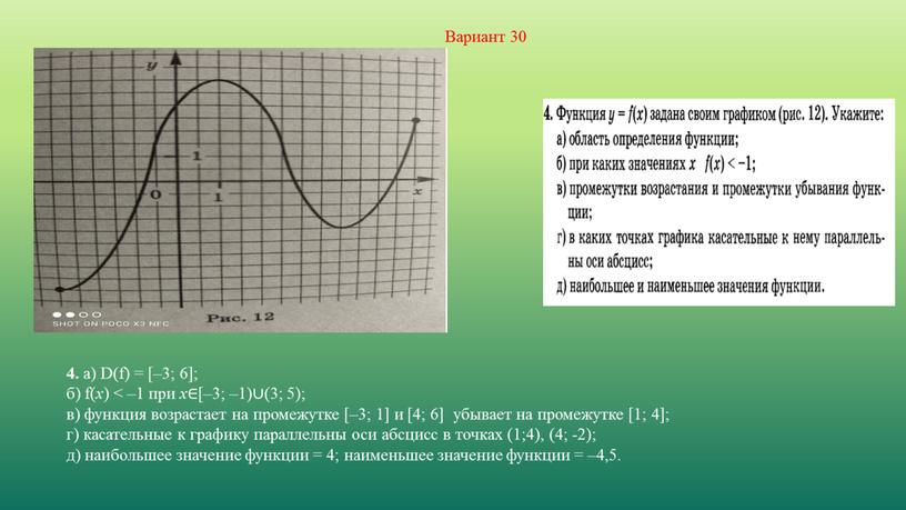 Вариант 30 4. а) D(f) = [–3; 6]; б) f( x ) < –1 при x ∈[–3; –1)∪(3; 5); в) функция возрастает на промежутке [–3;…