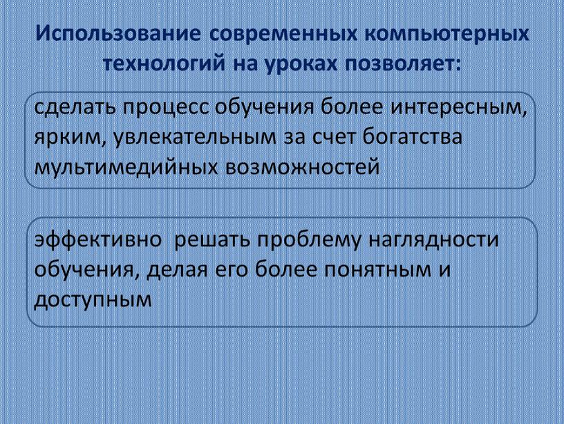 Использование современных компьютерных технологий на уроках позволяет: