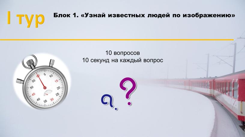 I тур Блок 1. «Узнай известных людей по изображению» 10 вопросов 10 секунд на каждый вопрос