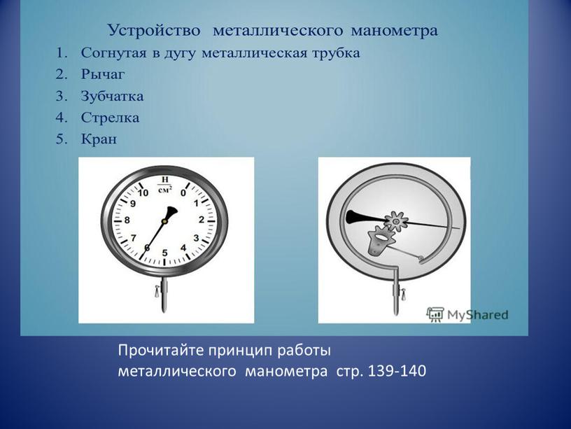 Прочитайте принцип работы металлического манометра стр