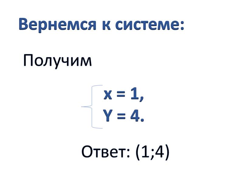 Получим Ответ: (1;4) Вернемся к системе: x = 1,