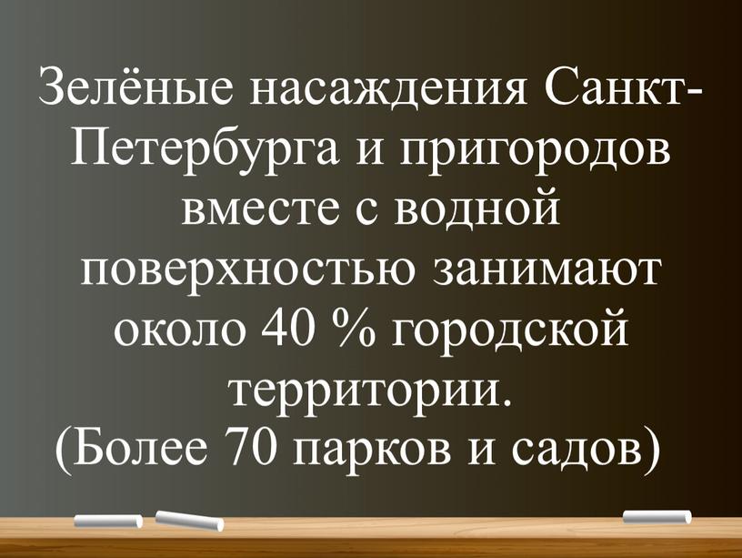 Зелёные насаждения Санкт-Петербурга и пригородов вместе с водной поверхностью занимают около 40 % городской территории