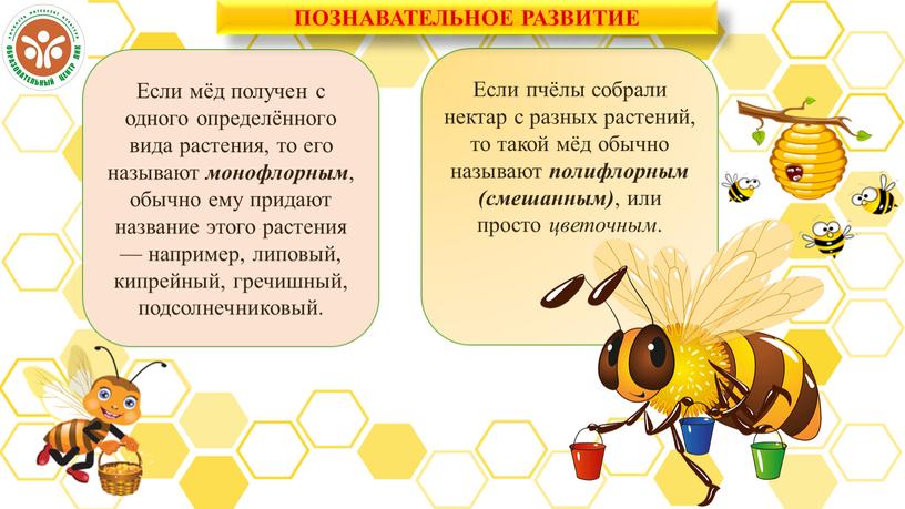 Если мёд получен с одного определённого вида растения, то его называют монофлорным , обычно ему придают название этого растения — например, липовый, кипрейный, гречишный, подсолнечниковый