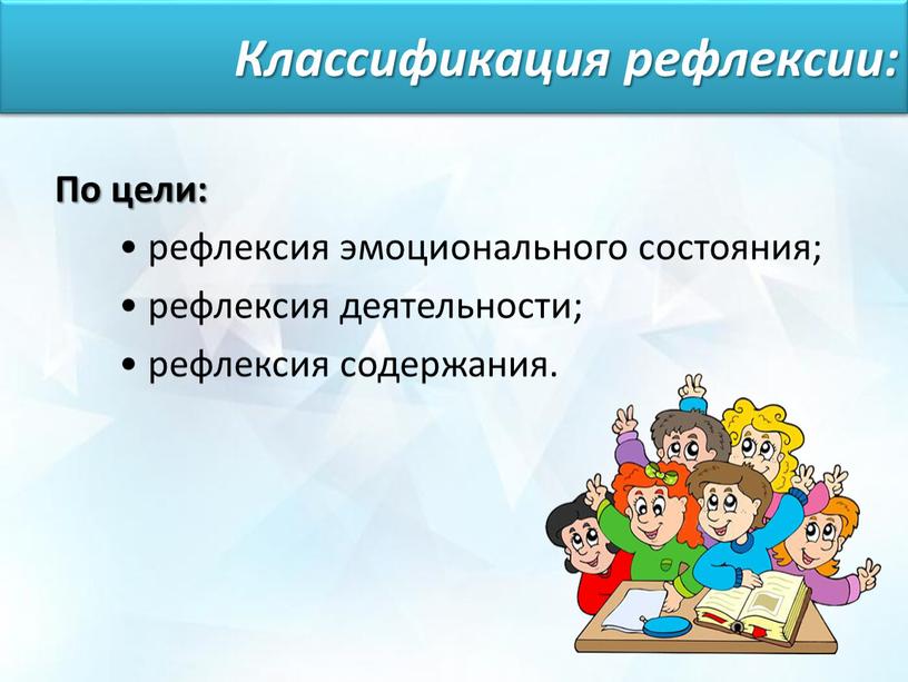 По цели: • рефлексия эмоционального состояния; • рефлексия деятельности; • рефлексия содержания