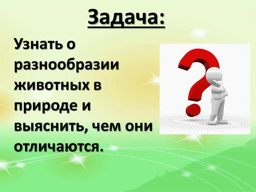 Задача: Узнать о разнообразии животных в природе и выяснить, чем они отличаются