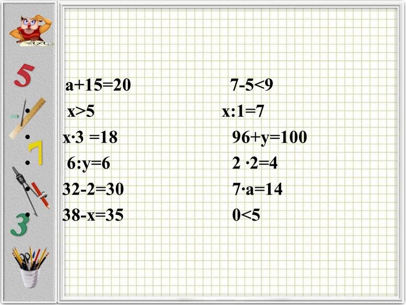 a+15=20 7-5<9 x>5 x:1=7 x∙3 =18 96+y=100 6:y=6 2 ∙2=4 32-2=30 7∙a=14 38-x=35 0<5