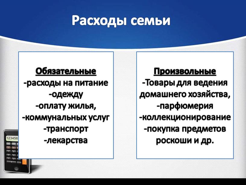 Расходы семьи Обязательные -расходы на питание -одежду -оплату жилья, -коммунальных услуг -транспорт -лекарства