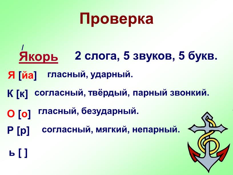 Проверка Якорь 2 слога, 5 звуков, 5 букв