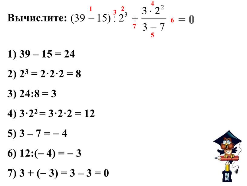 Вычислите: 39 – 15 = 24 23 = 2·2·2 = 8 24:8 = 3 3·22 = 3·2·2 = 12 3 – 7 =  4…