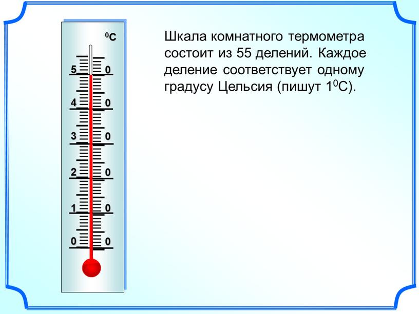 Шкала комнатного термометра состоит из 55 делений