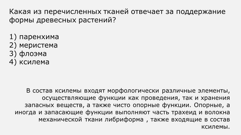 Какая из перечисленных тканей отвечает за поддержание формы древесных растений? 1) паренхима 2) меристема 3) флоэма 4) ксилема