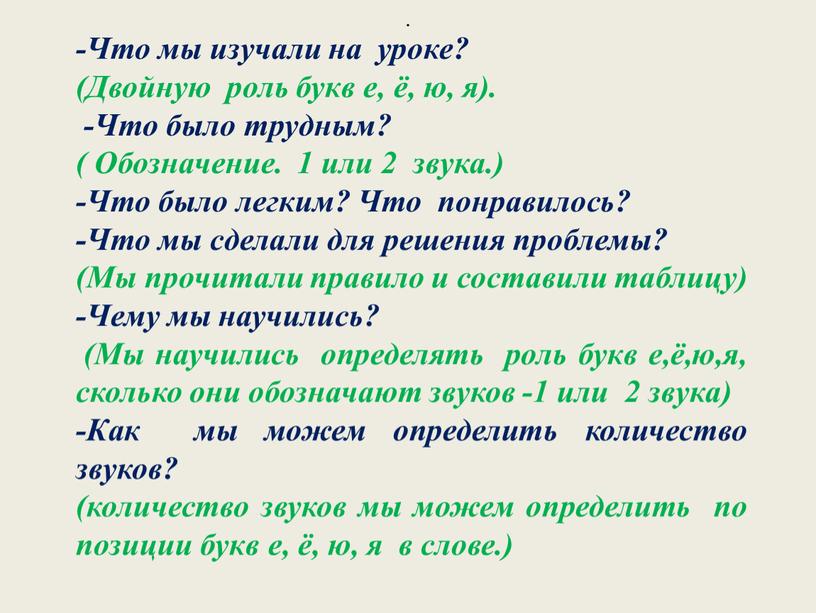 Что мы изучали на уроке? (Двойную роль букв е, ё, ю, я)