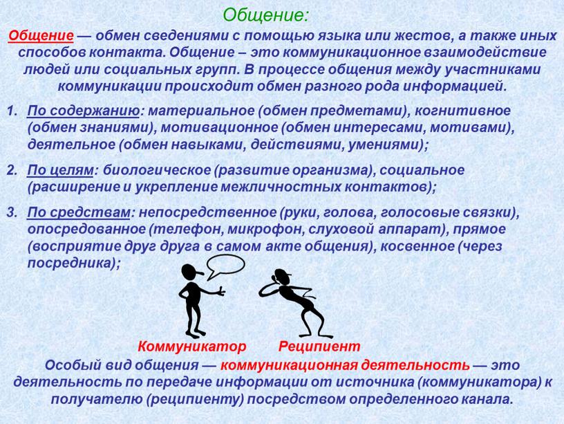 Общение: Общение — обмен сведениями с помощью языка или жестов, а также иных способов контакта