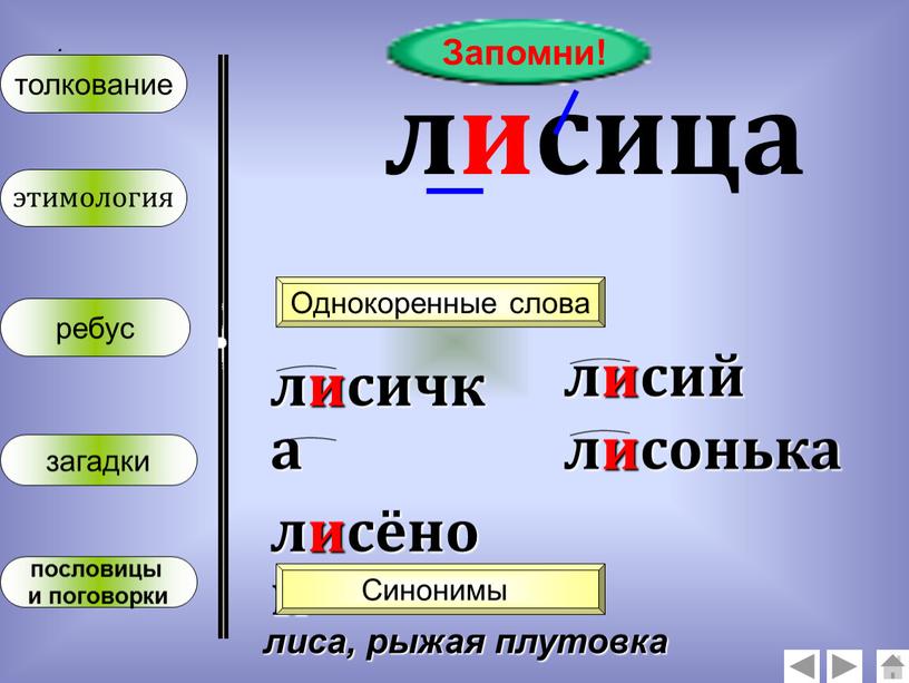 Запомни! лисица Однокоренные слова лисичка лисёнок лисий лисонька