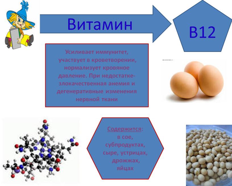 Витамин B12 Содержится : в сое, субпродуктах, сыре, устрицах, дрожжах, яйцах