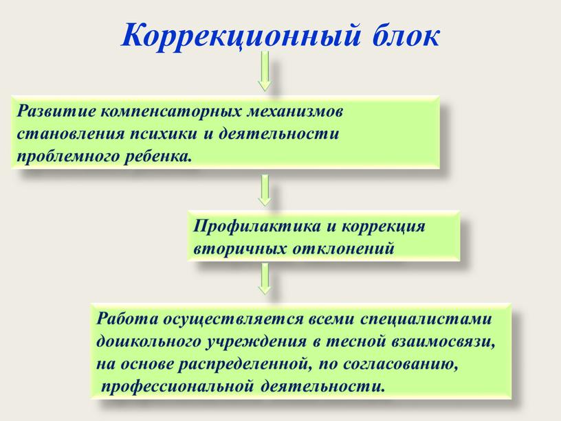 Коррекционный блок Развитие компенсаторных механизмов становления психики и деятельности проблемного ребенка