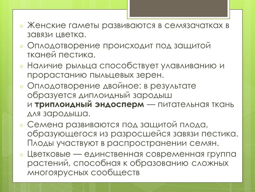 Женские гаметы развиваются в семязачатках в завязи цветка