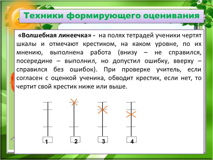 Техники формирующего оценивания «Волшебная линеечка» - на полях тетрадей ученики чертят шкалы и отмечают крестиком, на каком уровне, по их мнению, выполнена работа (внизу –…