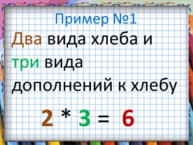 Пример №1 Два вида хлеба и три вида дополнений к хлебу 2 * 3 = 6