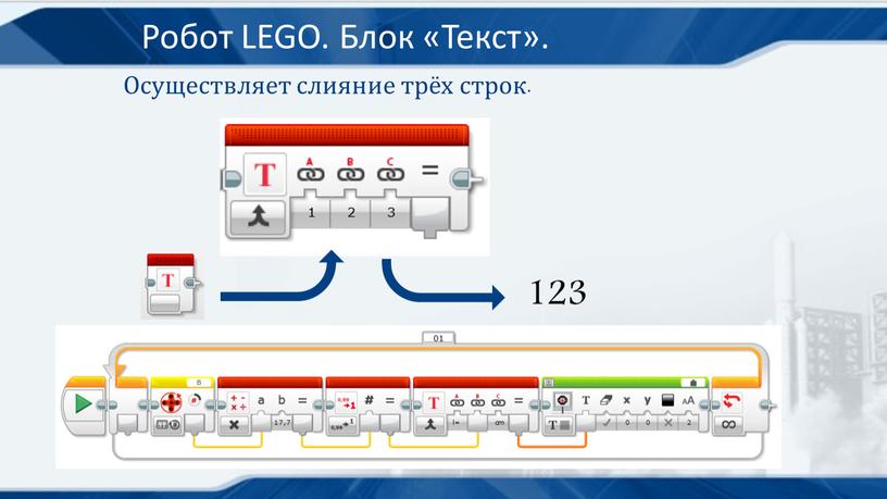 Робот LEGO. Блок «Текст». 123 Осуществляет слияние трёх строк