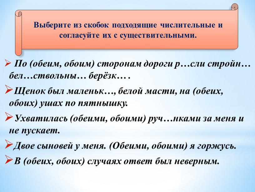 По (обеим, обоим) сторонам дороги р…сли стройн… бел…ствольны… берёзк…