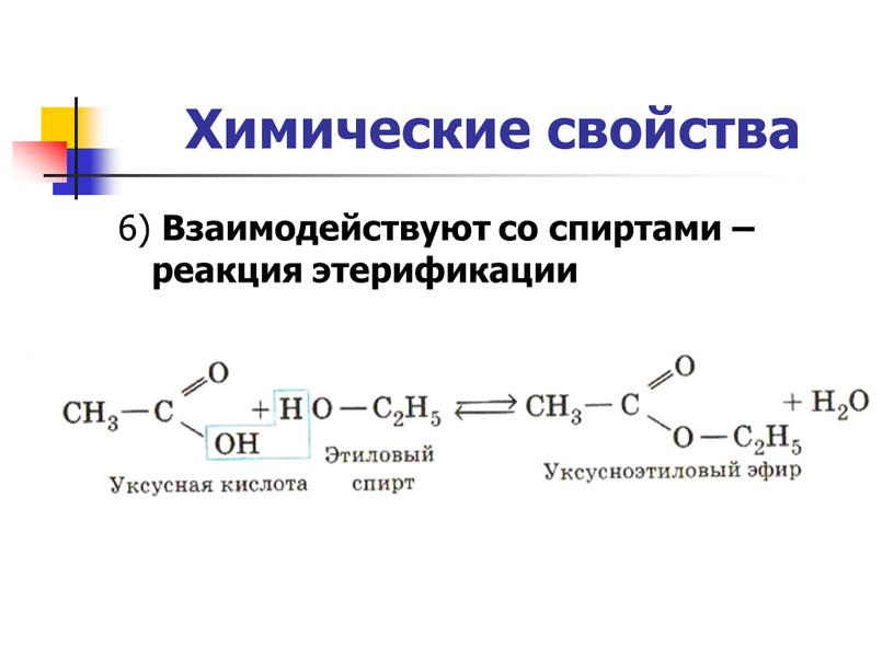 Химические свойства 6) Взаимодействуют со спиртами –реакция этерификации