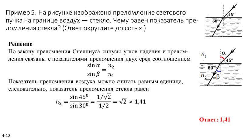 Пример 5. На ри­сун­ке изоб­ра­же­но пре­лом­ле­ние све­то­во­го пучка на гра­ни­це воз­дух — стек­ло