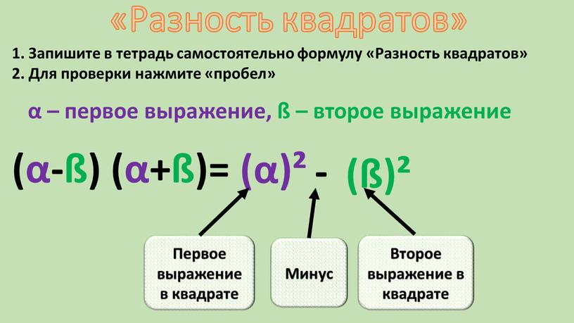 Разность квадратов» (α-ß) (α+ß)= α – первое выражение, ß – второе выражение (α)² - (ß)²