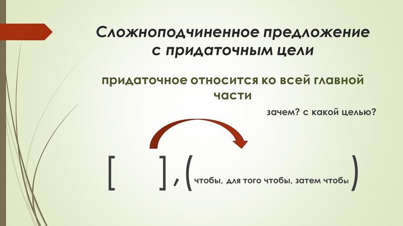 Сложноподчиненное предложение с придаточным цели придаточное относится ко всей главной части зачем? с какой целью? [ ],( чтобы, для того чтобы, затем чтобы )