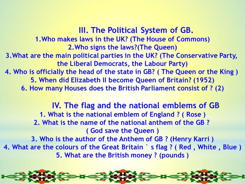 III. The Political System of GB