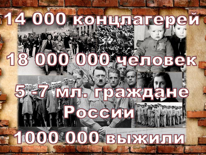 14 000 концлагерей 18 000 000 человек 1000 000 выжили 5 -7 мл. граждане России