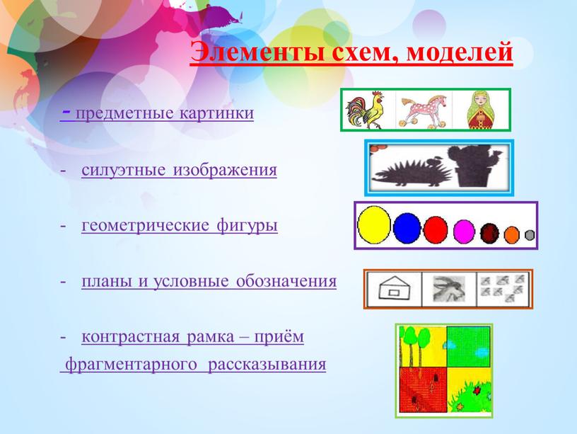 Элементы схем, моделей - предметные картинки силуэтные изображения геометрические фигуры планы и условные обозначения контрастная рамка – приём фрагментарного рассказывания