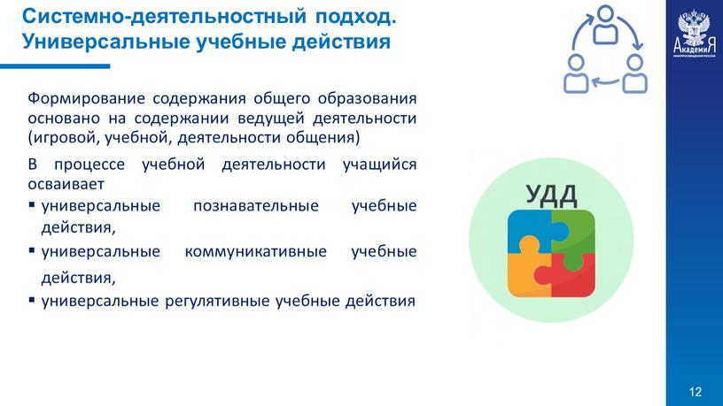 Формирование содержания общего образования основано на содержании ведущей деятельности (игровой, учебной, деятельности общения)