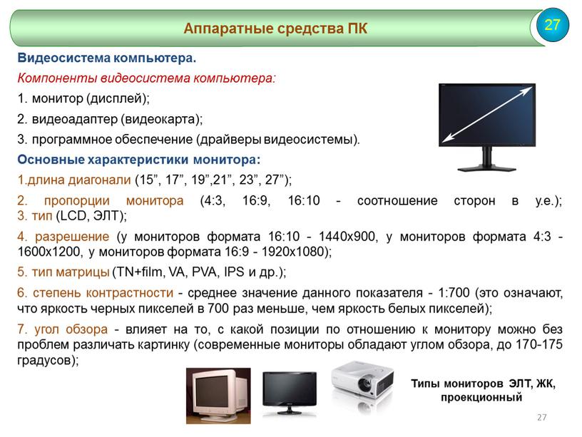 Аппаратные средства ПК Видеосистема компьютера