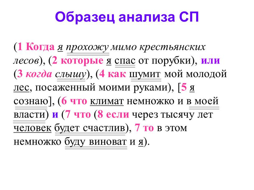 Образец анализа СП ( 1 Когда я прохожу мимо крестьянских лесов ), ( 2 которые я спас от порубки), или ( 3 когда слышу ),…