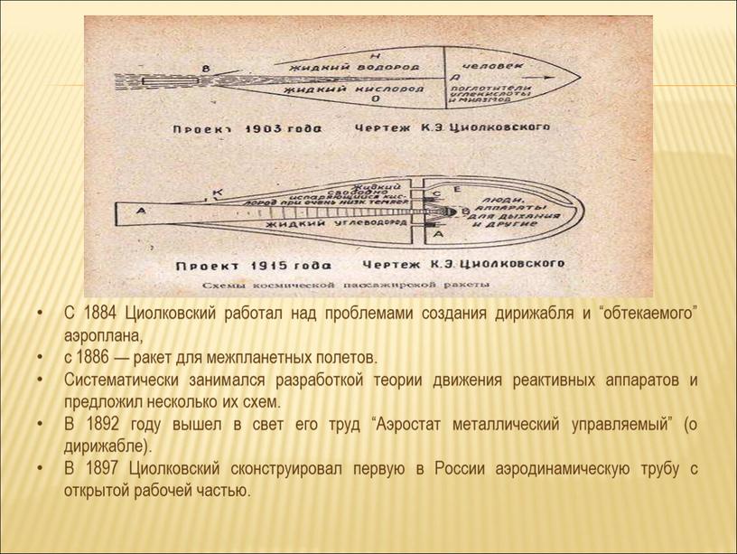 С 1884 Циолковский работал над проблемами создания дирижабля и “обтекаемого” аэроплана, с 1886 — ракет для межпланетных полетов