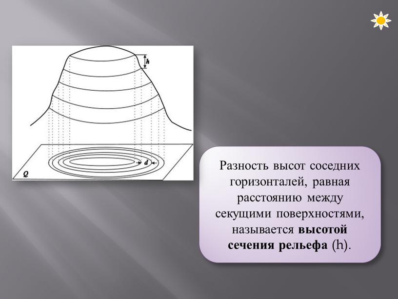 Разность высот соседних горизонталей, равная расстоянию между секущими поверхностями, называется высотой сечения рельефа (h)