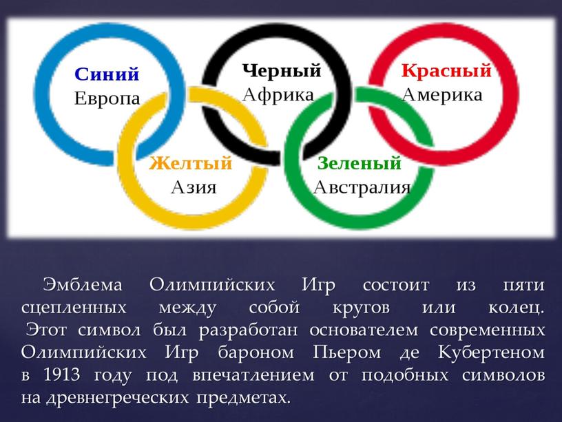 Эмблема Олимпийских Игр состоит из пяти сцепленных между собой кругов или колец