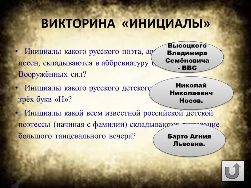 ВИКТОРИНА «ИНИЦИАЛЫ» Инициалы какого русского поэта, автора и исполнителя песен, складываются в аббревиатуру одного из видов