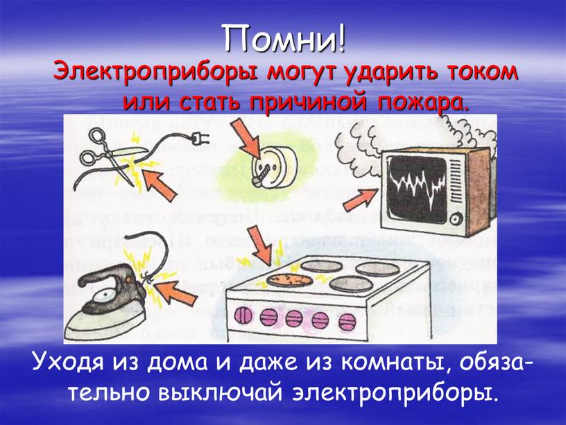 Помни! Электроприборы могут ударить током или стать причиной пожара