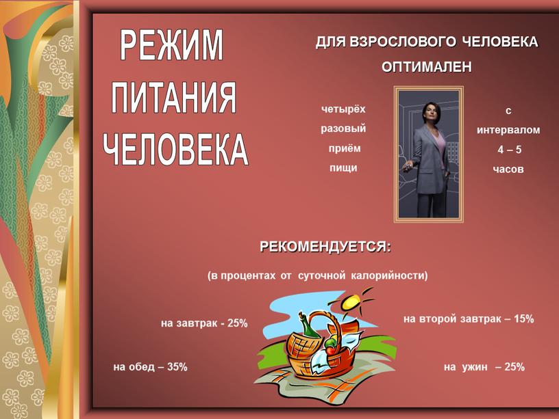 РЕЖИМ РЕКОМЕНДУЕТСЯ: на завтрак - 25% на второй завтрак – 15% на обед – 35% на ужин – 25% (в процентах от суточной калорийности)