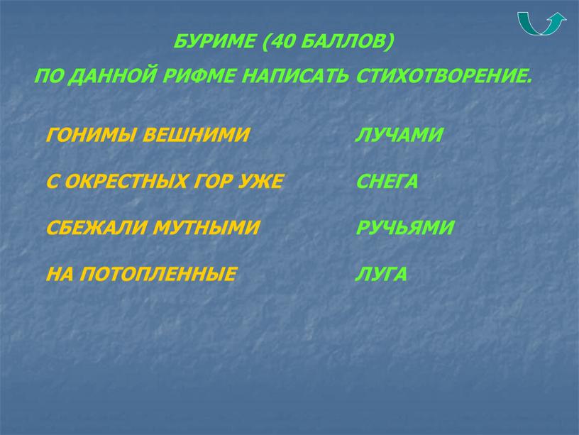 БУРИМЕ (40 БАЛЛОВ) ПО ДАННОЙ РИФМЕ