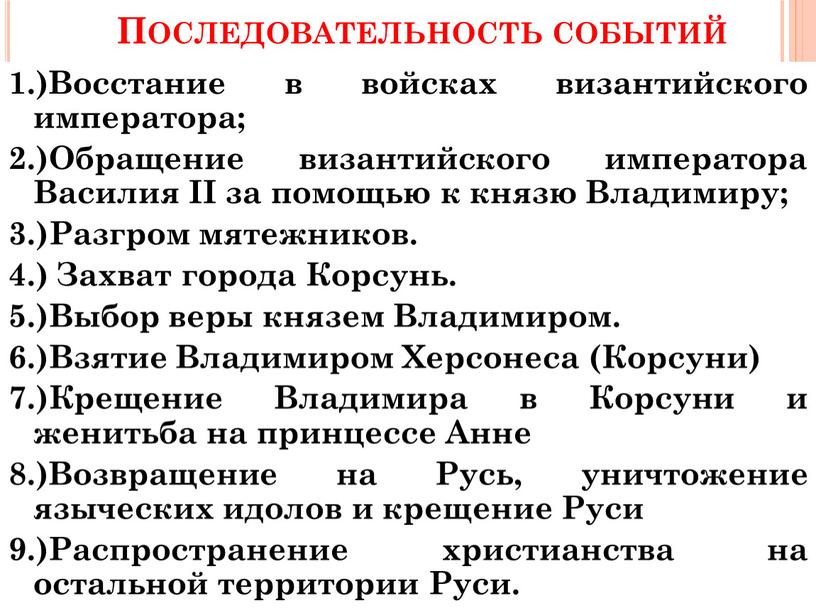 Последовательность событий 1.)Восстание в войсках византийского императора; 2