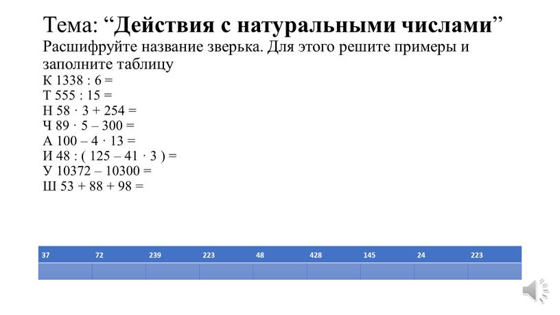 Тема: “ Действия с натуральными числами ”