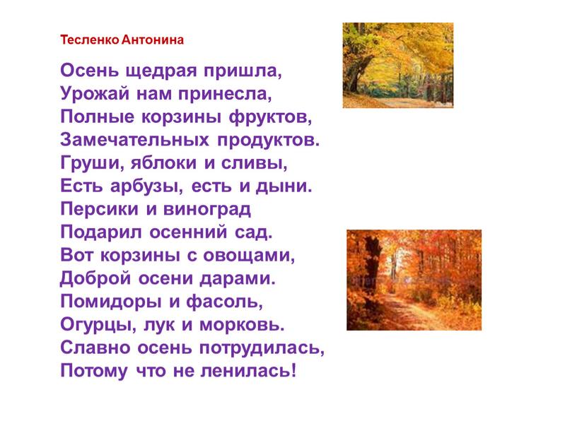 Тесленко Антонина Осень щедрая пришла,