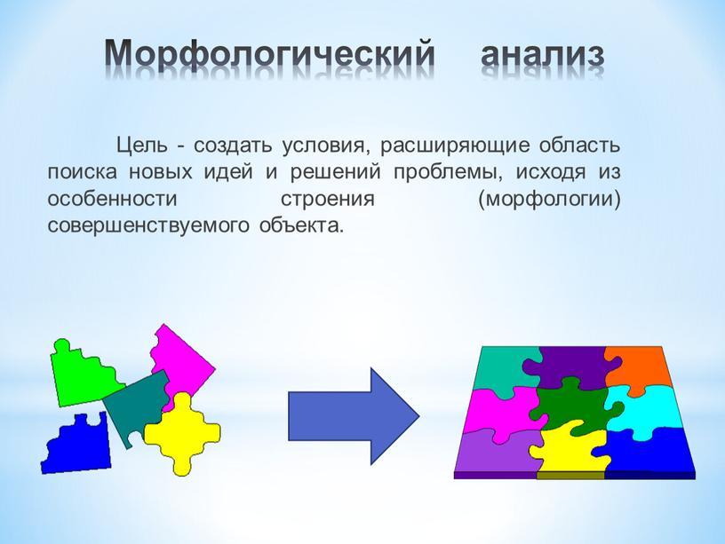 Цель - создать условия, расширяющие область поиска новых идей и решений проблемы, исходя из особенности строения (морфологии) совершенствуемого объекта